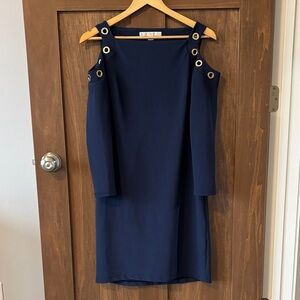 Boston Proper Navy Long Sleeve Dress with Grommet Details